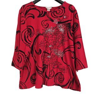 CJ BANKS Red & Black Jewelled 3/4 sleeve Top 2X